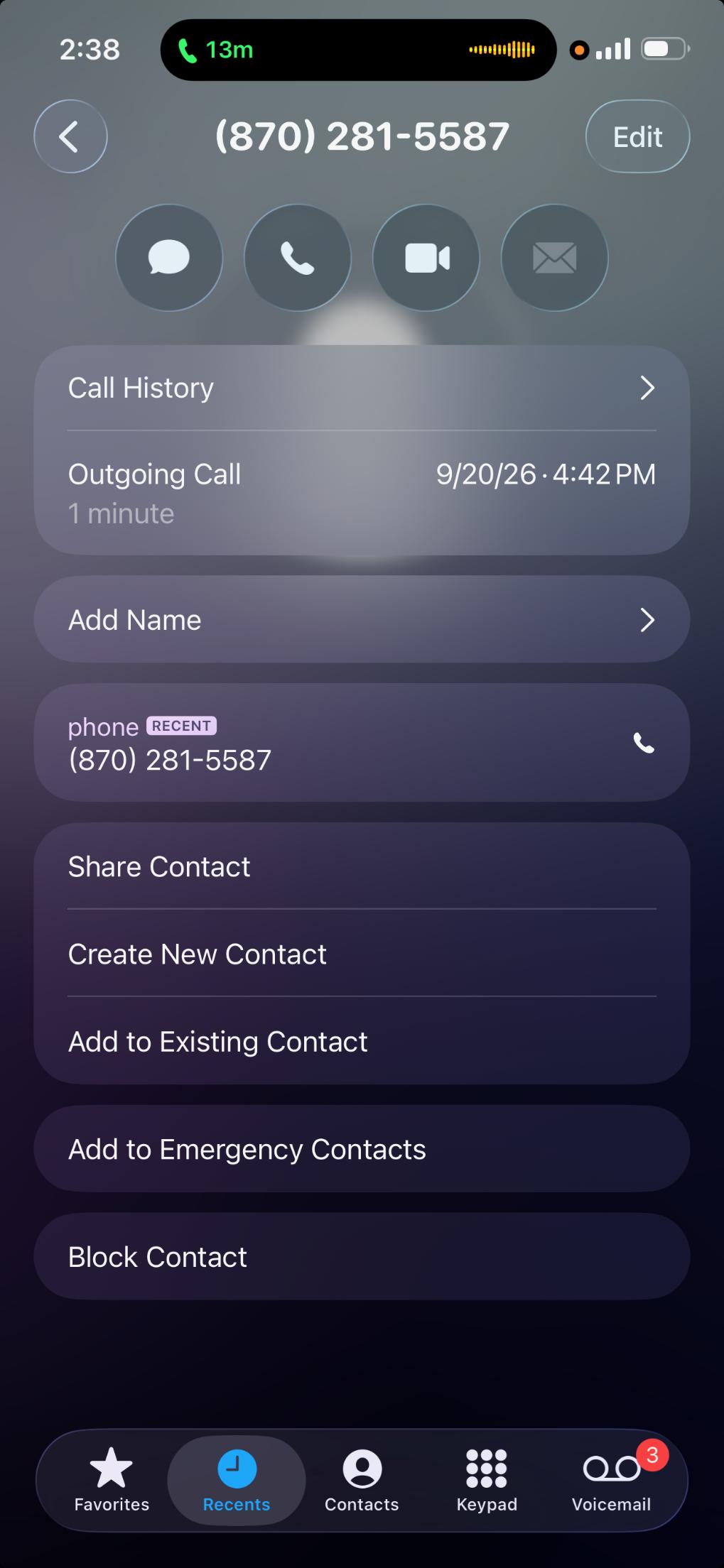 Call log showing 1-minute call on 9/20/26