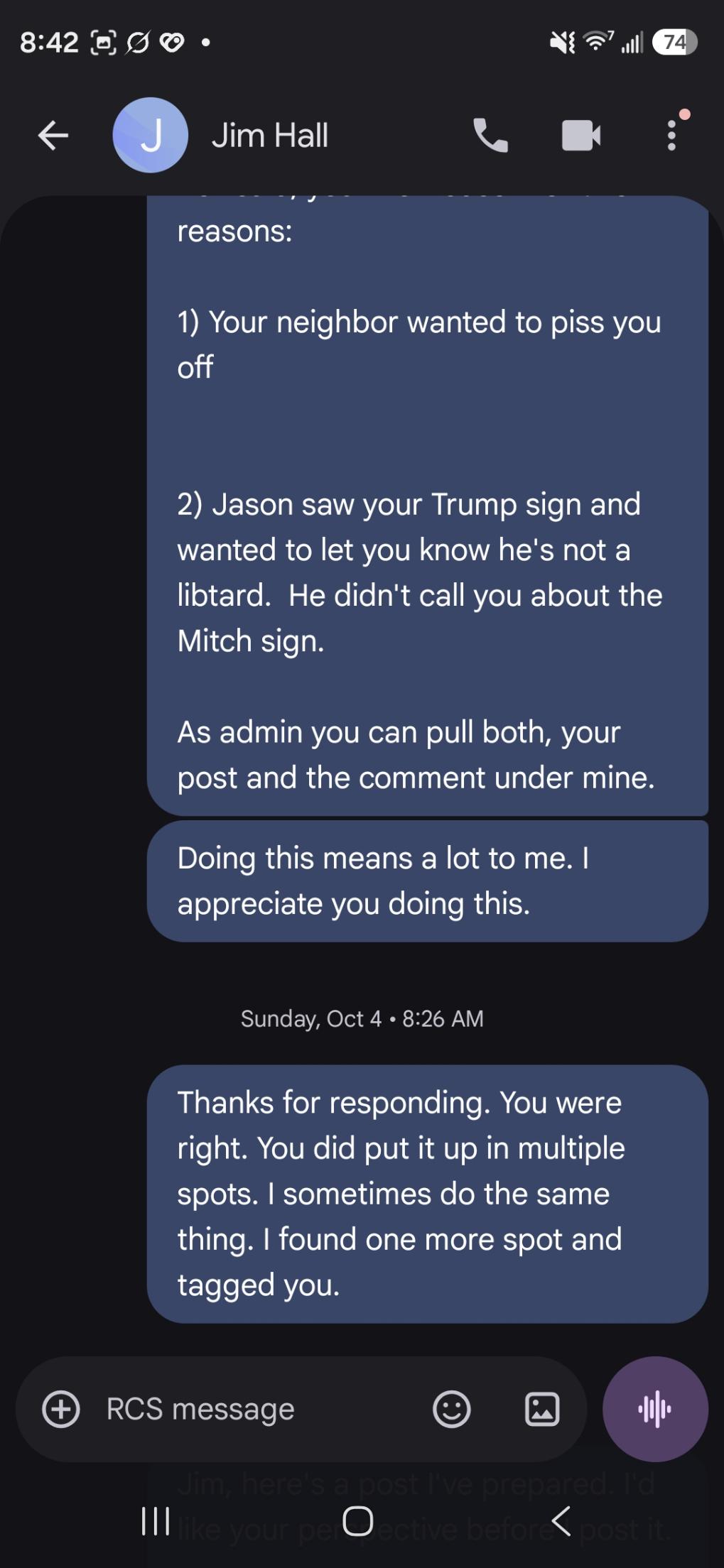 Text messages correcting the record